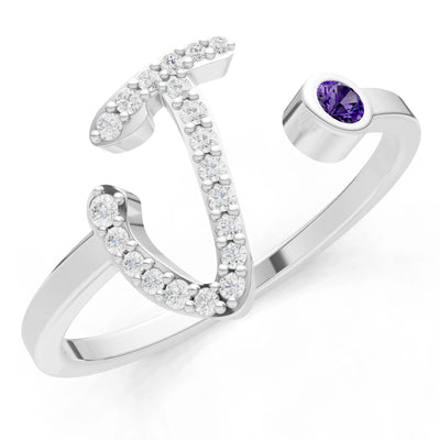 Dainty Initial Letter Birthstone Open Ring – J