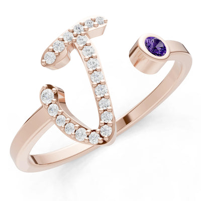 Dainty Initial Letter Birthstone Open Ring – J