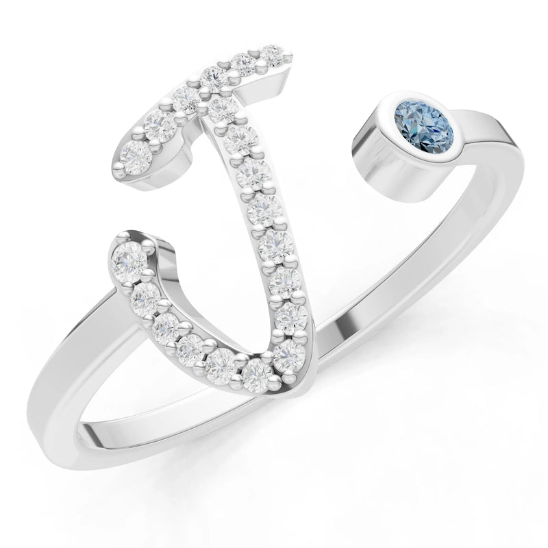 Dainty Initial Letter Birthstone Open Ring – J
