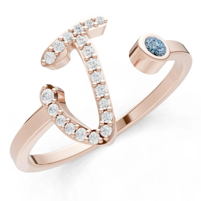 Dainty Initial Letter Birthstone Open Ring – J