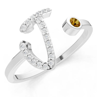 Dainty Initial Letter Birthstone Open Ring – J