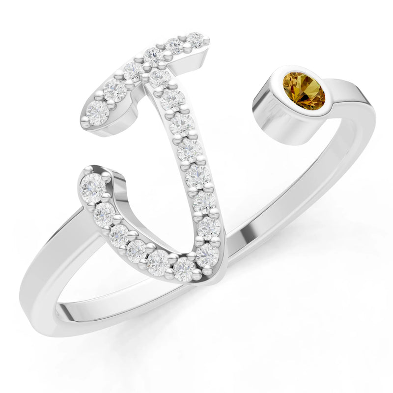 Citrine Dainty Initial Letter Birthstone Open Ring – J