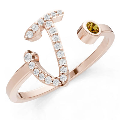Citrine Dainty Initial Letter Birthstone Open Ring – J