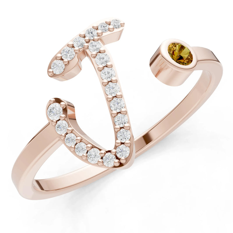 Citrine Dainty Initial Letter Birthstone Open Ring – J