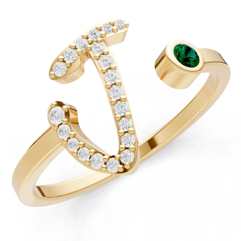 Emerald Dainty Initial Letter Birthstone Open Ring – J