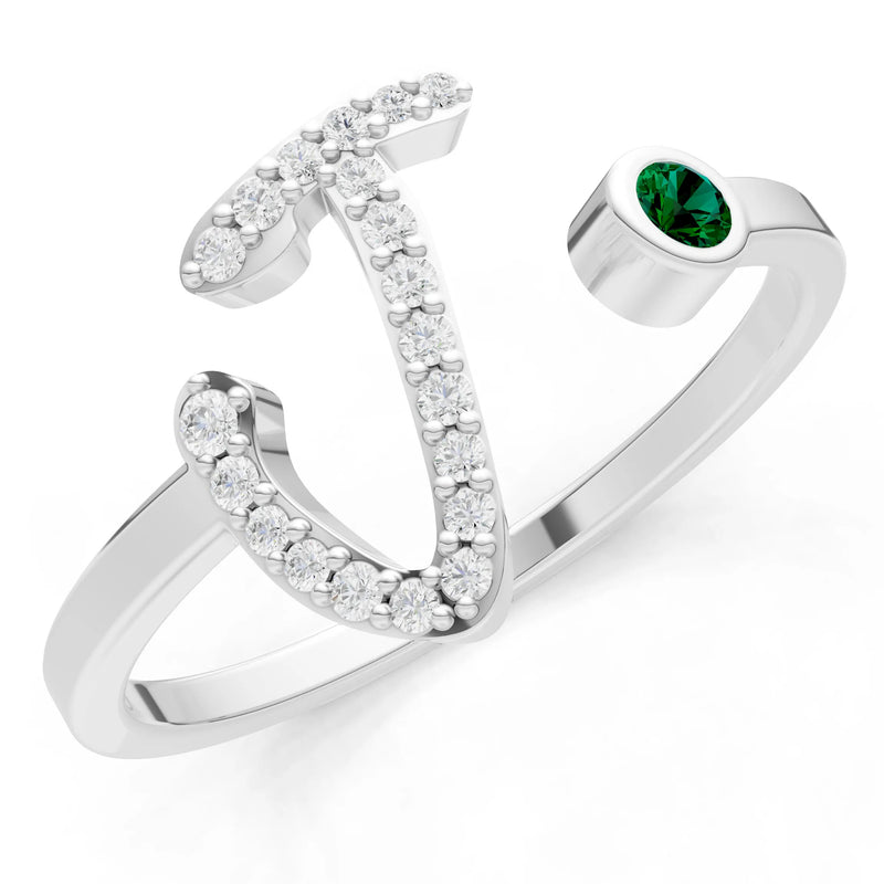 Emerald Dainty Initial Letter Birthstone Open Ring – J