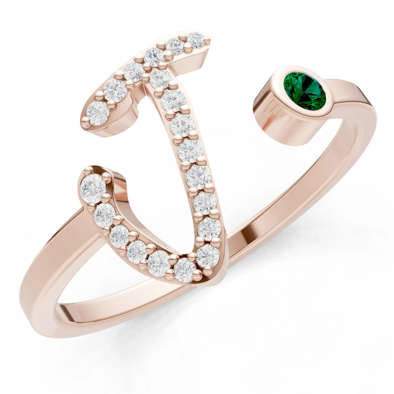 Emerald Dainty Initial Letter Birthstone Open Ring – J