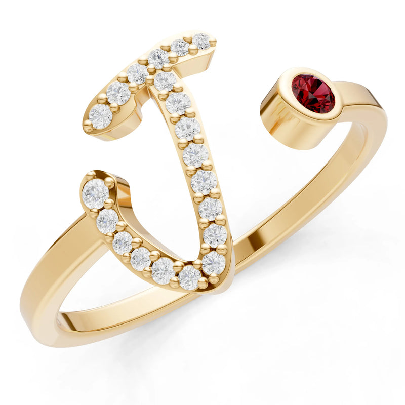 Dainty Initial Letter Birthstone Open Ring – J