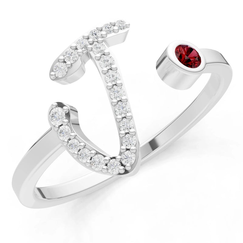 Dainty Initial Letter Birthstone Open Ring – J