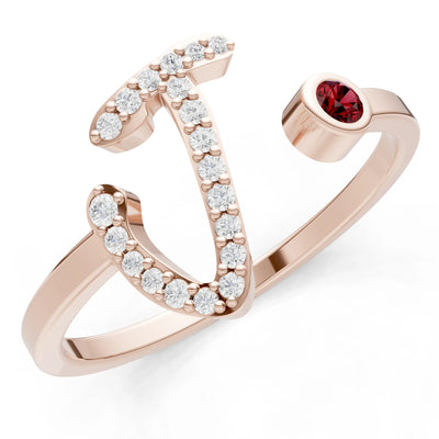 Dainty Initial Letter Birthstone Open Ring – J