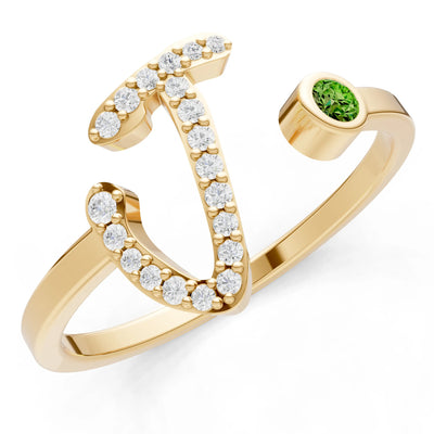 Peridot Dainty Initial Letter Birthstone Open Ring – J