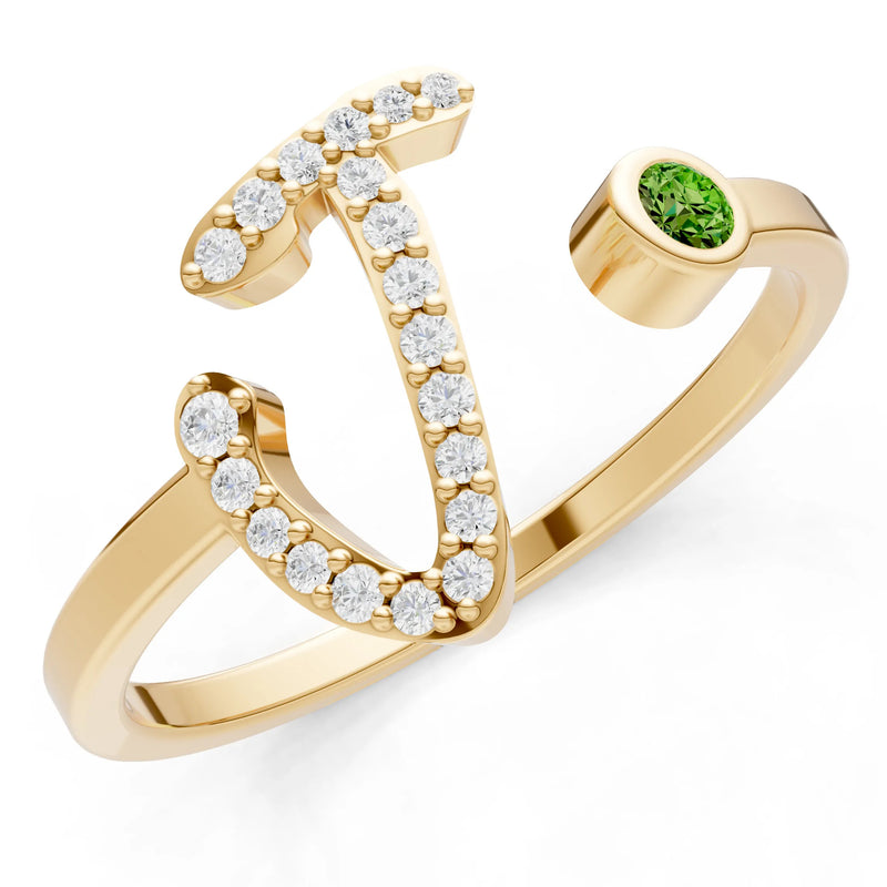 Peridot Dainty Initial Letter Birthstone Open Ring – J