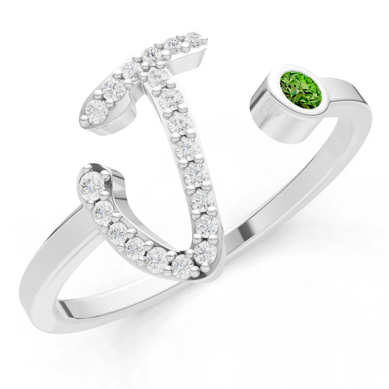 Peridot Dainty Initial Letter Birthstone Open Ring – J