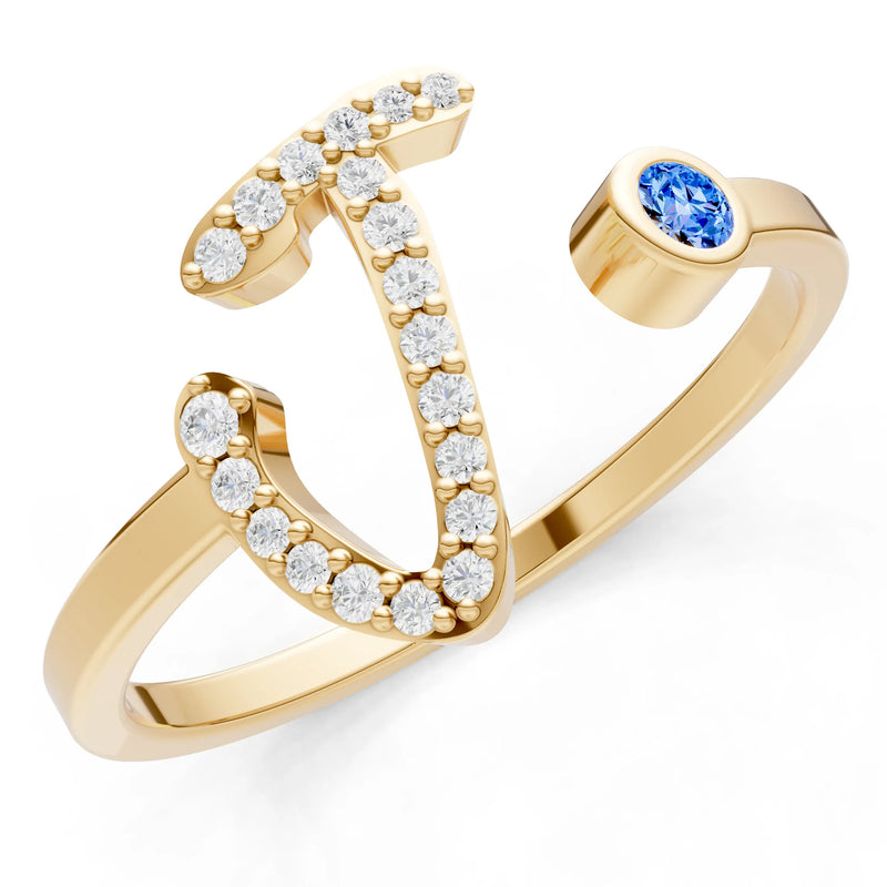 Swiss Blue Topaz Dainty Initial Letter Birthstone Open Ring – J