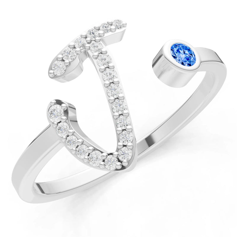 Swiss Blue Topaz Dainty Initial Letter Birthstone Open Ring – J