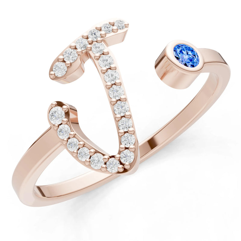 Swiss Blue Topaz Dainty Initial Letter Birthstone Open Ring – J