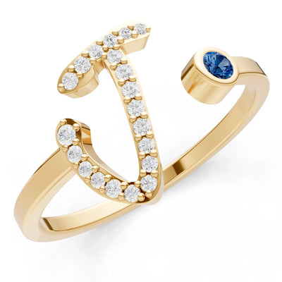 London Blue Topaz Dainty Initial Letter Birthstone Open Ring – J