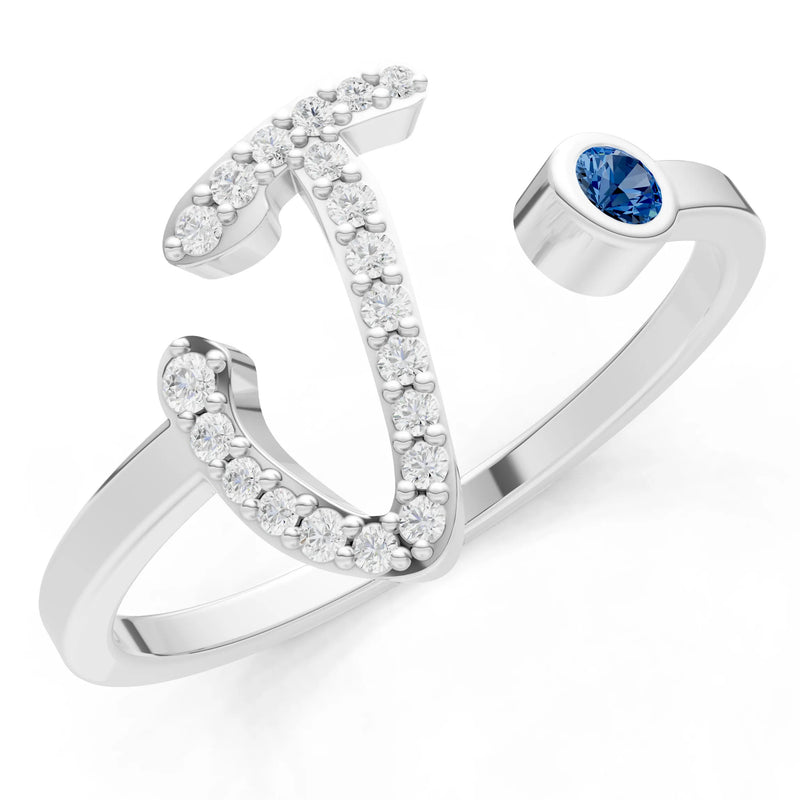 London Blue Topaz Dainty Initial Letter Birthstone Open Ring – J
