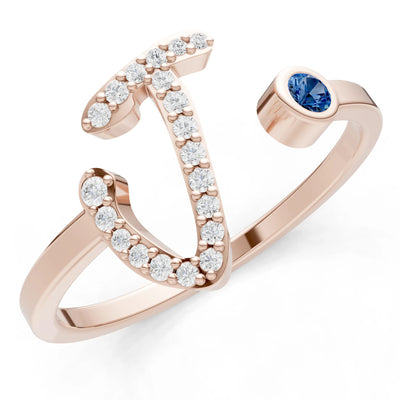 London Blue Topaz Dainty Initial Letter Birthstone Open Ring – J