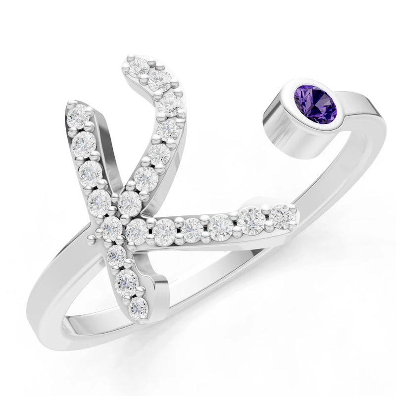 Amethyst Dainty Initial Letter Birthstone Open Ring – K
