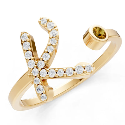 Citrine Dainty Initial Letter Birthstone Open Ring – K