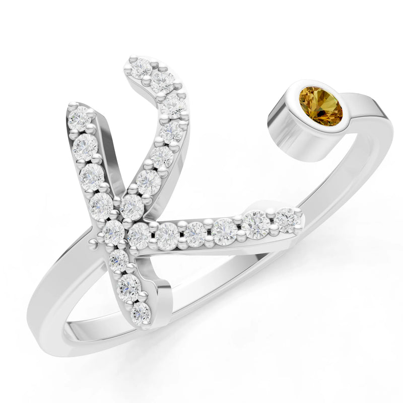 Citrine Dainty Initial Letter Birthstone Open Ring – K