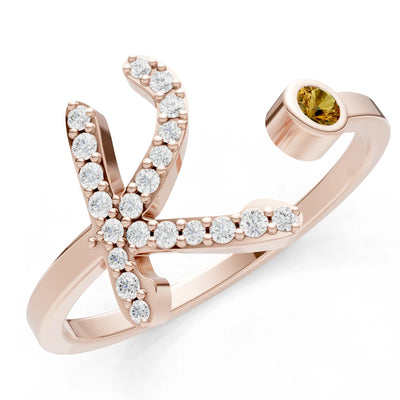 Citrine Dainty Initial Letter Birthstone Open Ring – K