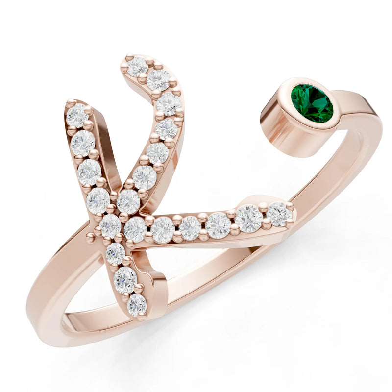 Emerald Dainty Initial Letter Birthstone Open Ring – K