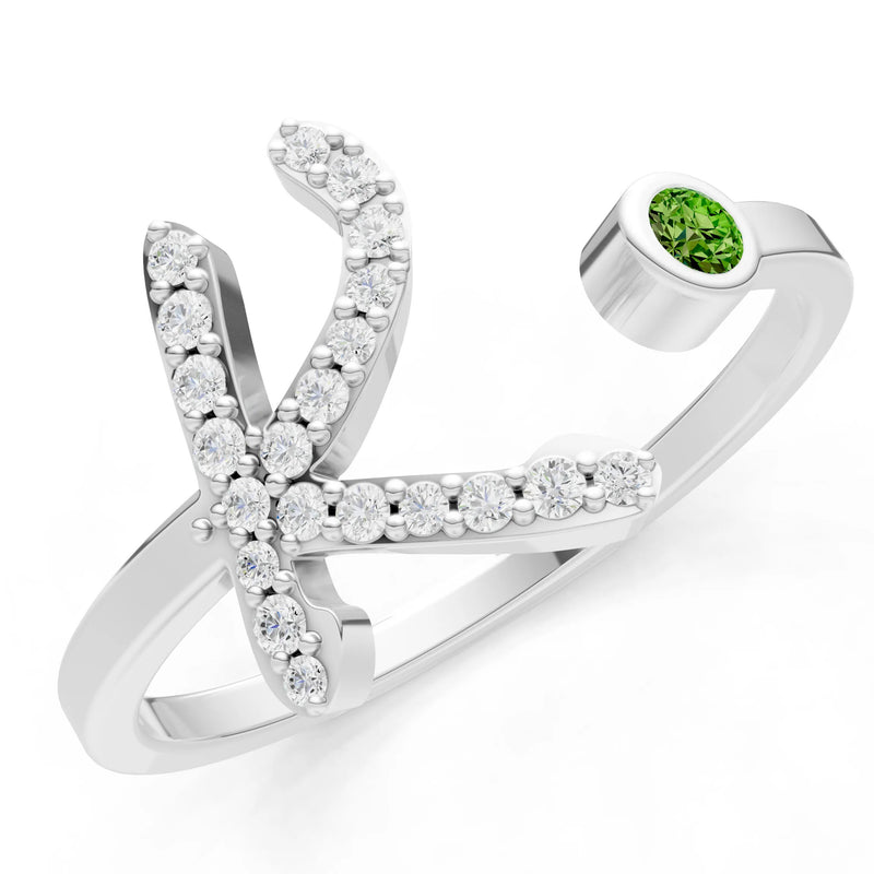 Peridot Dainty Initial Letter Birthstone Open Ring – K