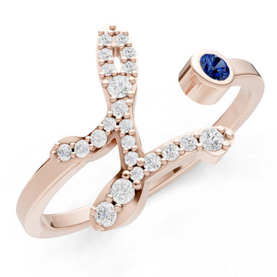 Blue Sapphire Dainty Initial Letter Birthstone Open Ring – L