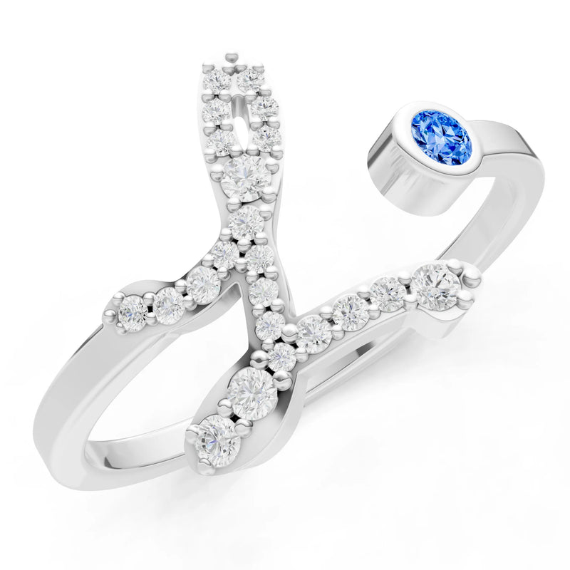 Swiss Blue Topaz Dainty Initial Letter Birthstone Open Ring – L