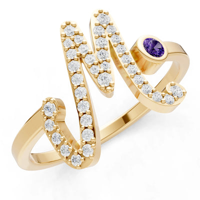 Amethyst Dainty Initial Letter Birthstone Open Ring – M