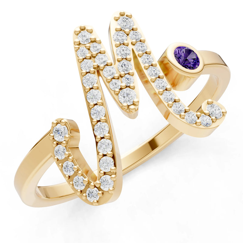 Amethyst Dainty Initial Letter Birthstone Open Ring – M