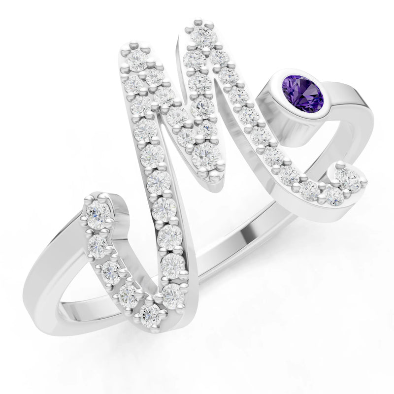 Amethyst Dainty Initial Letter Birthstone Open Ring – M