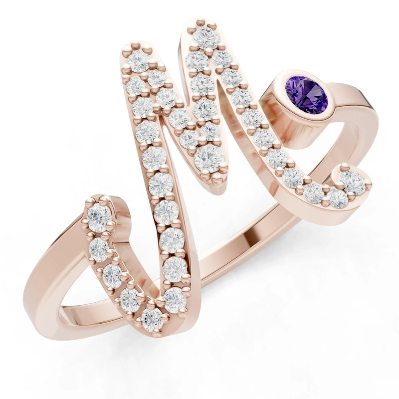 Amethyst Dainty Initial Letter Birthstone Open Ring – M