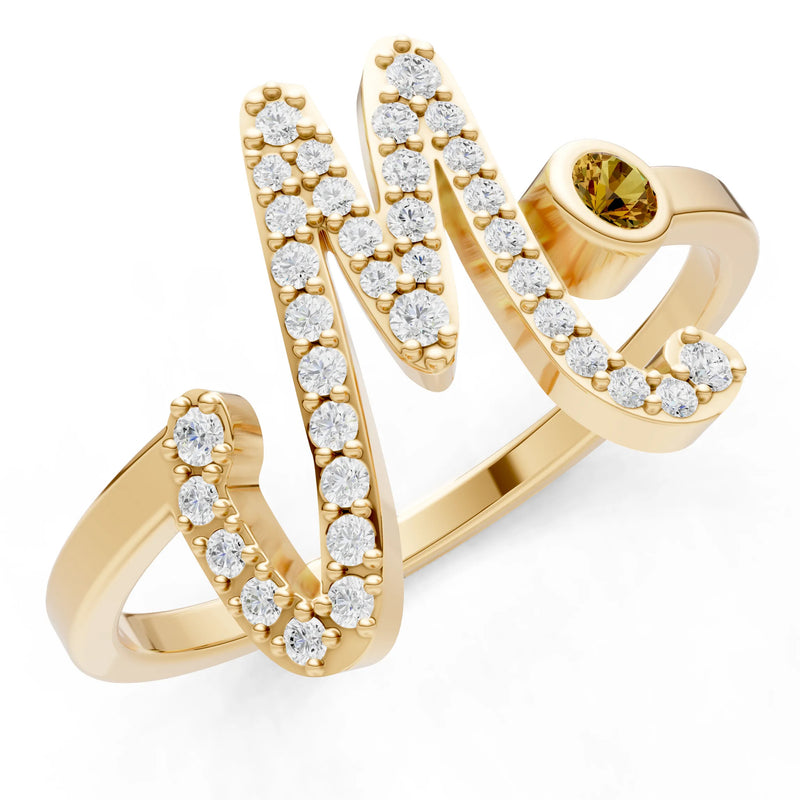 Dainty Initial Letter Birthstone Open Ring – M