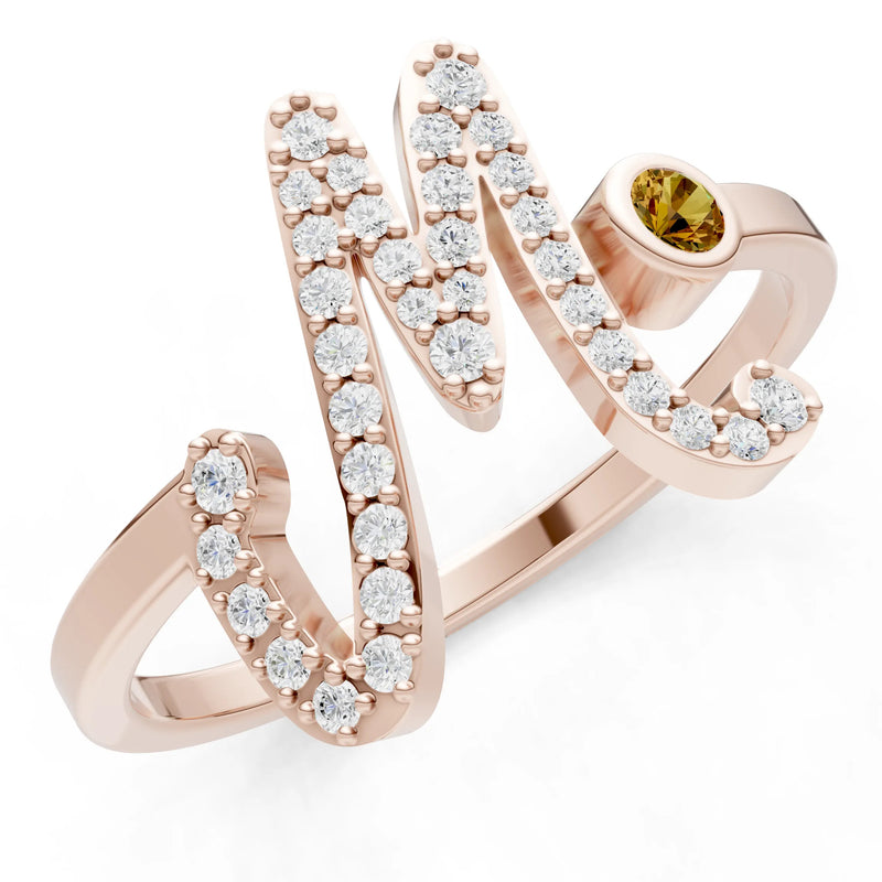 Dainty Initial Letter Birthstone Open Ring – M