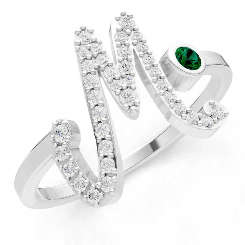 Dainty Initial Letter Birthstone Open Ring – M