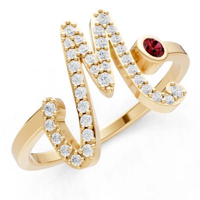 Dainty Initial Letter Birthstone Open Ring – M