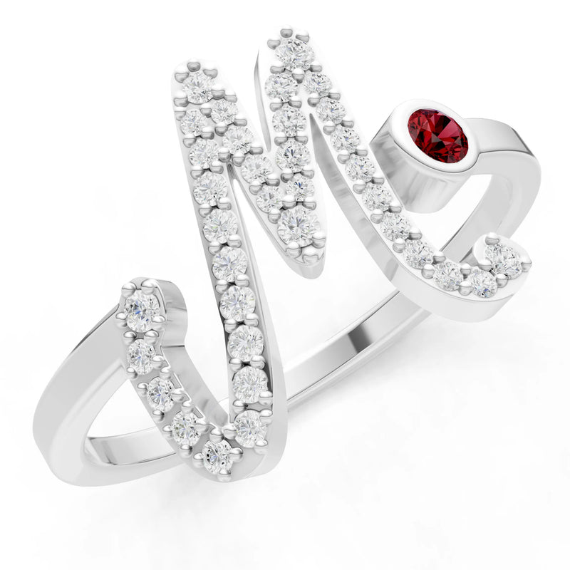 Dainty Initial Letter Birthstone Open Ring – M