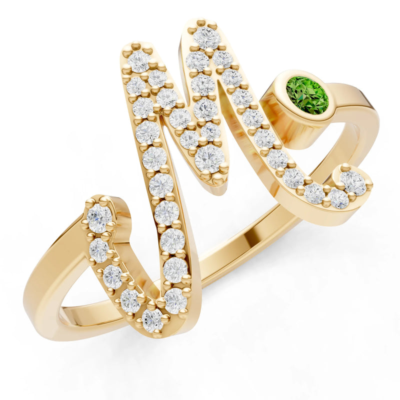 Dainty Initial Letter Birthstone Open Ring – M