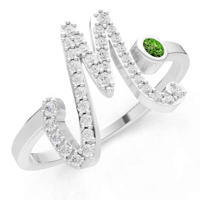 Dainty Initial Letter Birthstone Open Ring – M