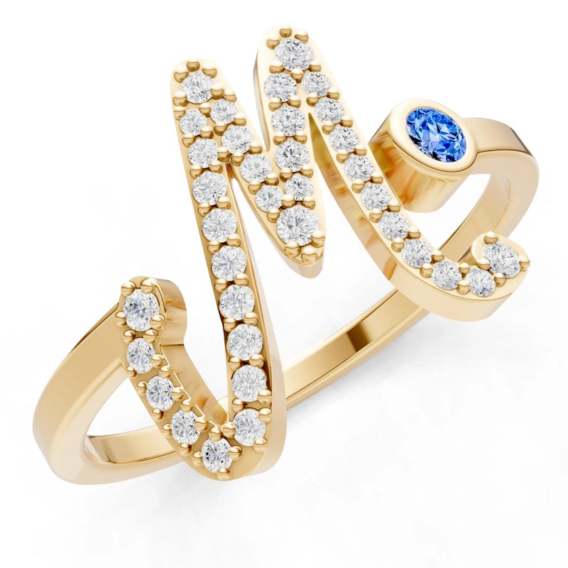 Swiss Blue Topaz Dainty Initial Letter Birthstone Open Ring – M