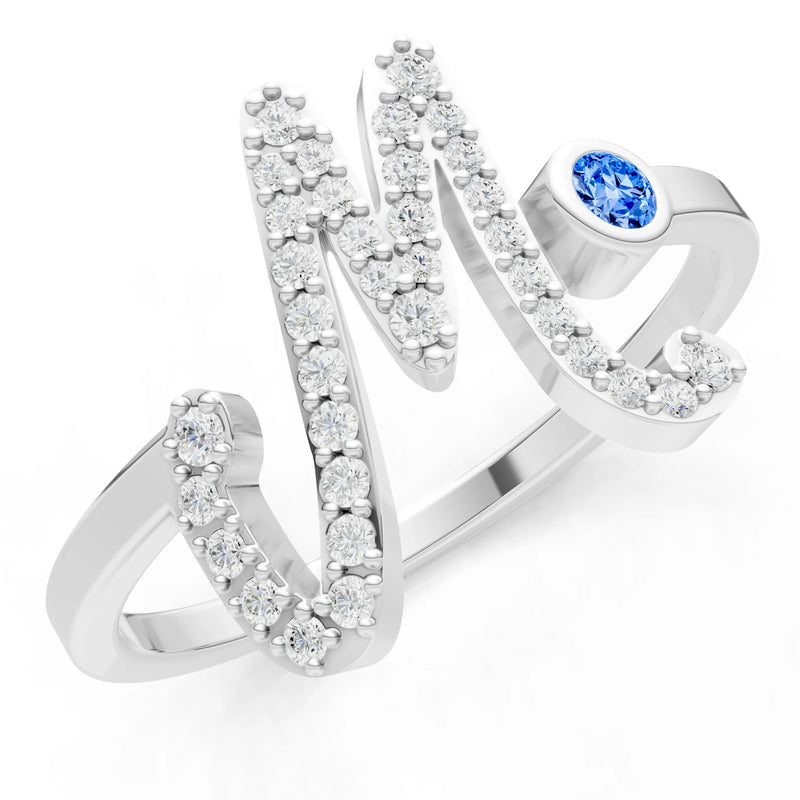 Swiss Blue Topaz Dainty Initial Letter Birthstone Open Ring – M