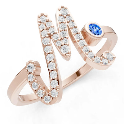 Swiss Blue Topaz Dainty Initial Letter Birthstone Open Ring – M