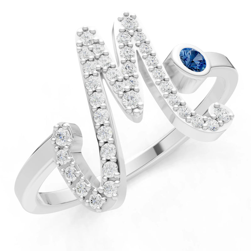 London Blue Topaz Dainty Initial Letter Birthstone Open Ring – M