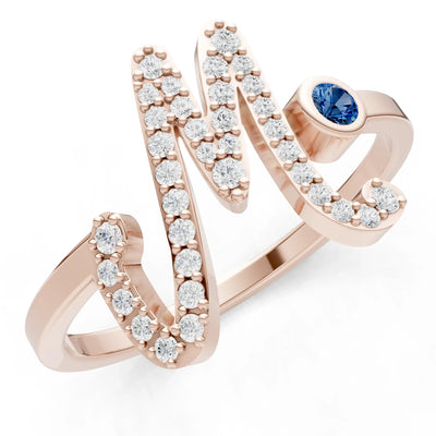 London Blue Topaz Dainty Initial Letter Birthstone Open Ring – M
