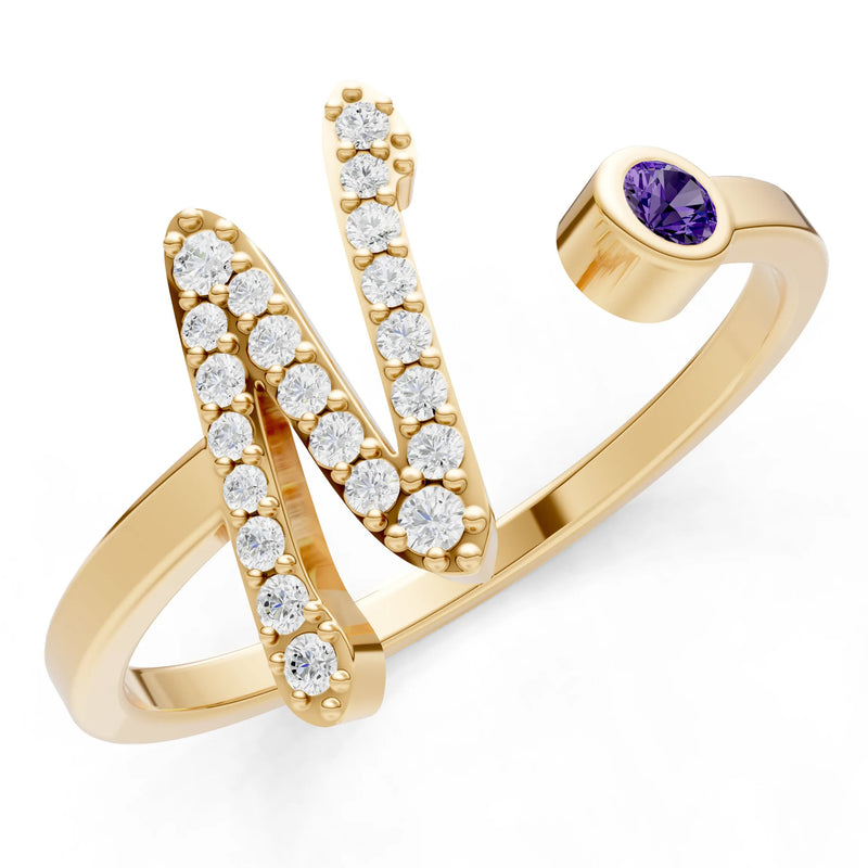 Amethyst Dainty Initial Letter Birthstone Open Ring – N