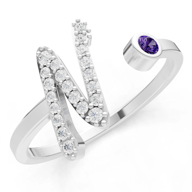 Amethyst Dainty Initial Letter Birthstone Open Ring – N