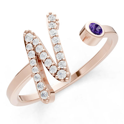 Amethyst Dainty Initial Letter Birthstone Open Ring – N